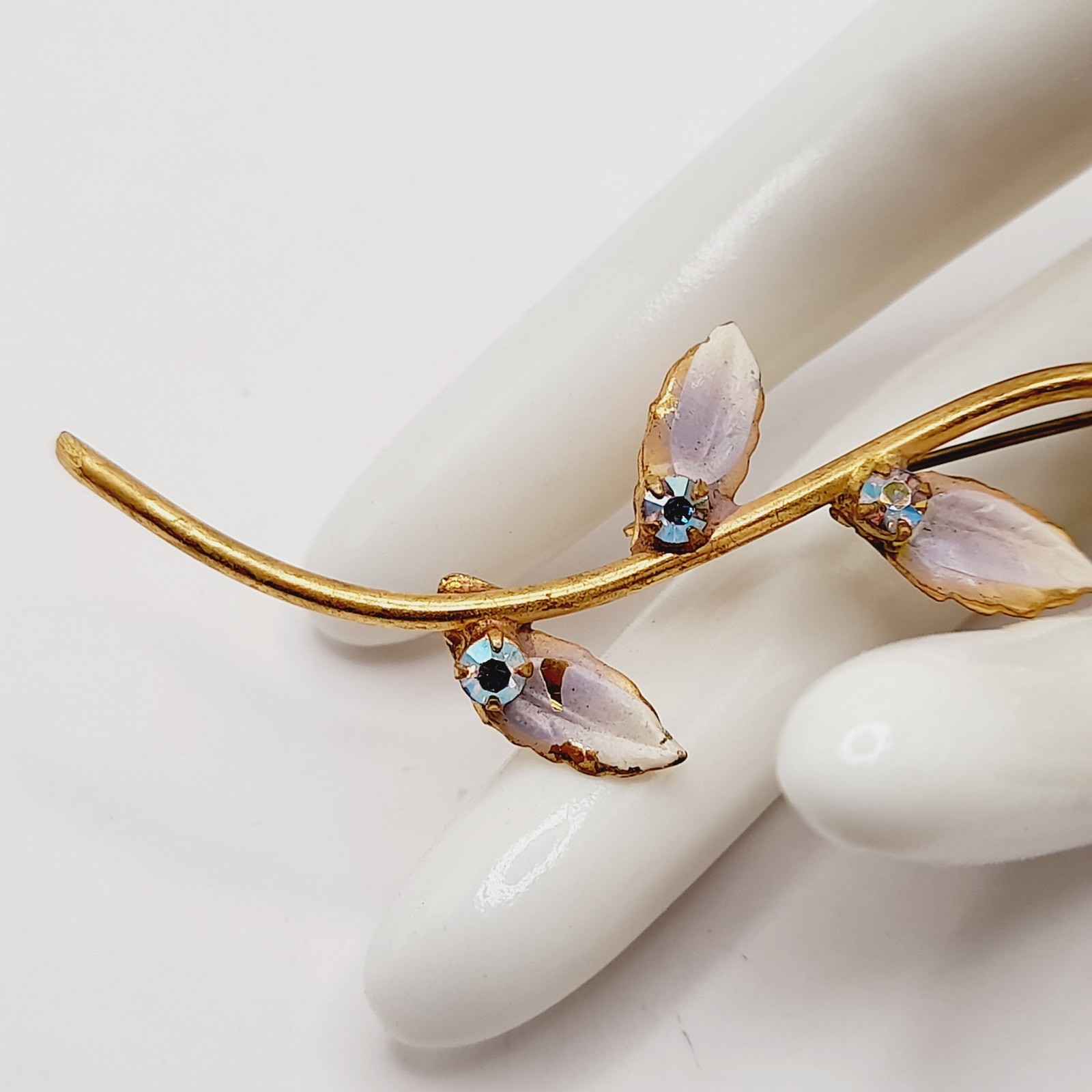 Vintage Gold Tone Floral Brooch AB Rhinestones White Enamel Leaves