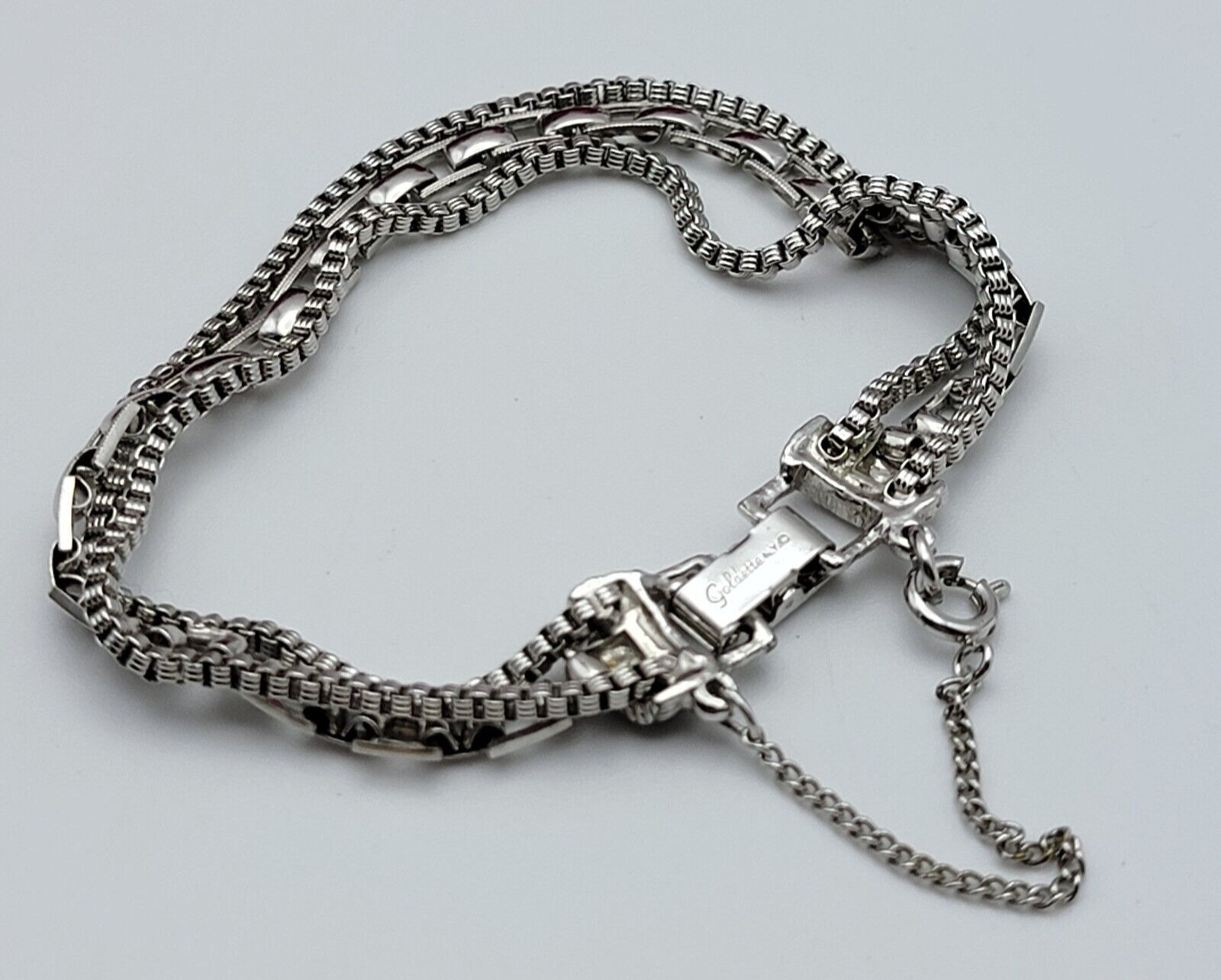 Goldette Bracelet Silver Tone Three-Row Fold Over Clasp Safety Chain 7 Inch