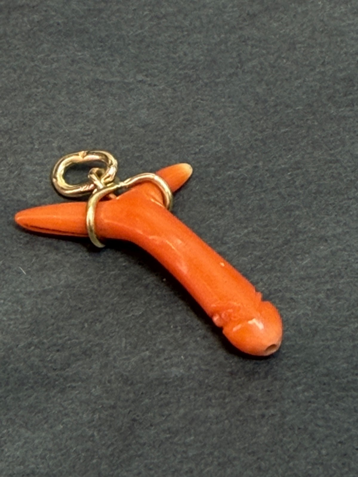 19c. Victorian 14k Gold Red Undyed Coral Phallus Fertility Amulet Fob Pendant