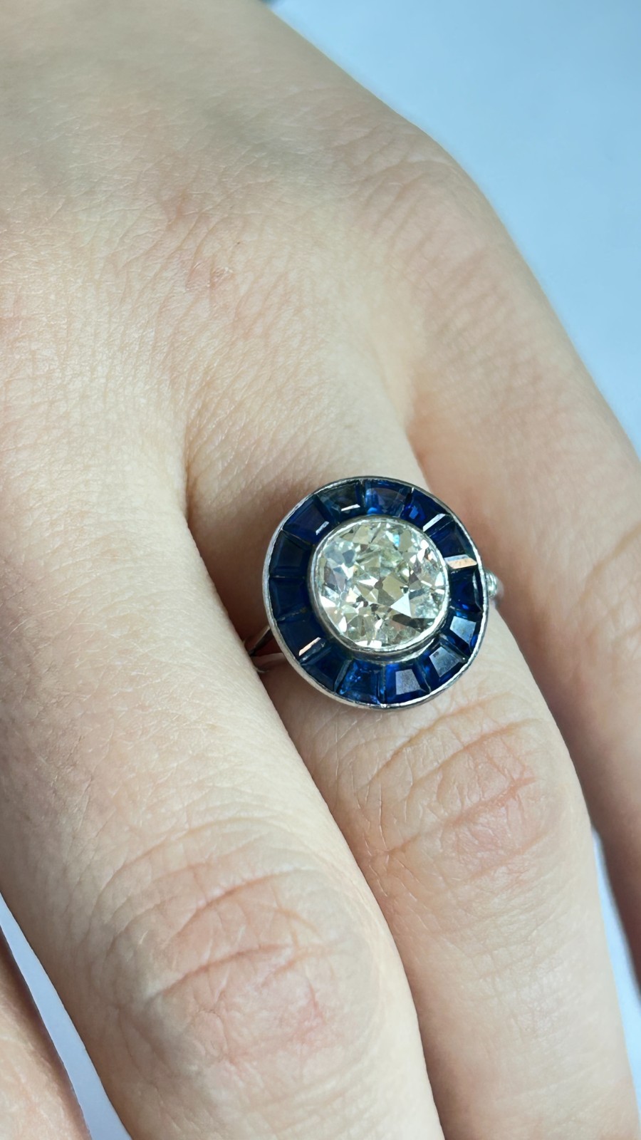 Vintage Art Deco 2ct Old European Cut Diamond & Sapphire Target Ring