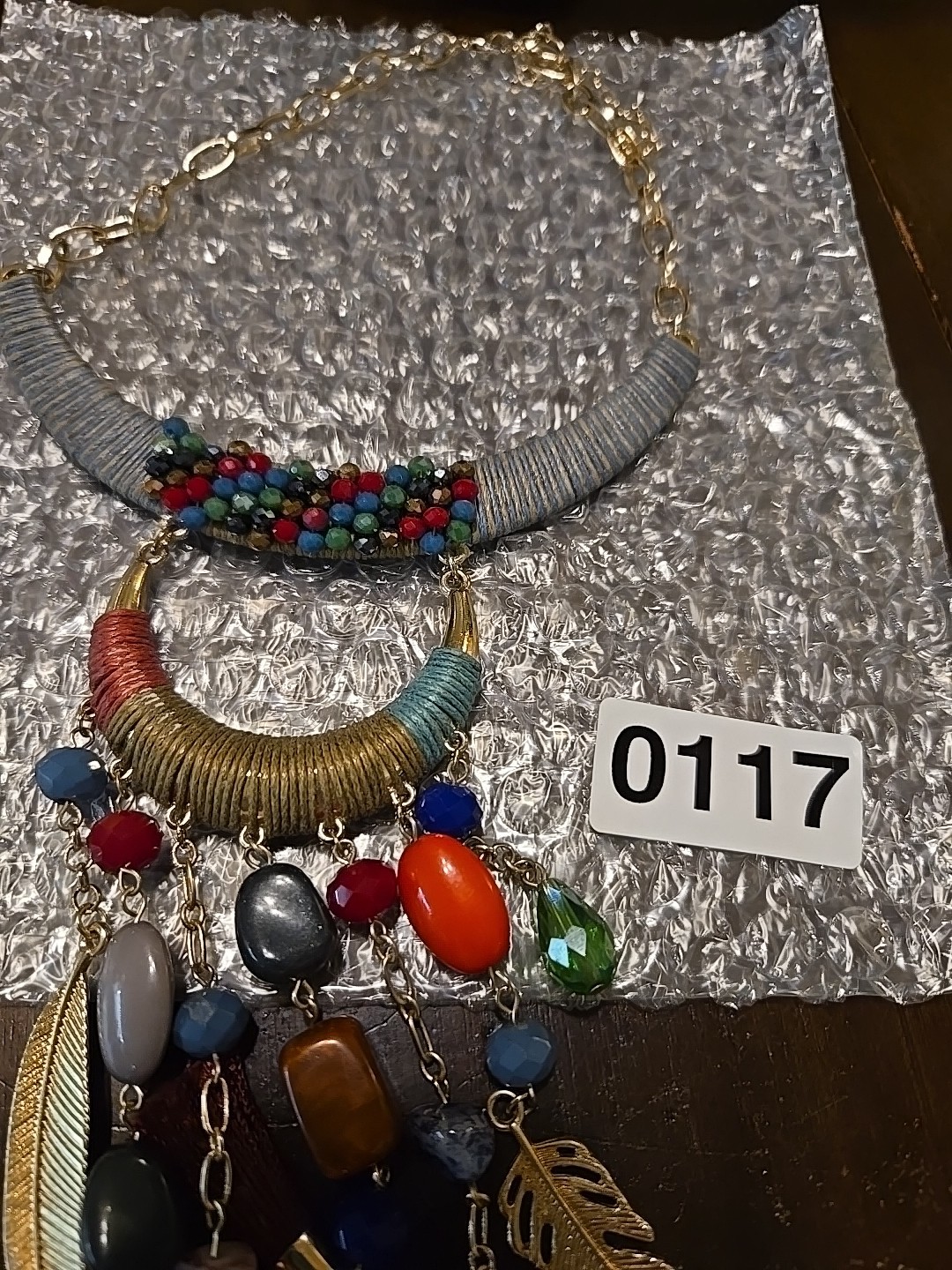 VTG 18″ Boho Necklace Statement Tribal Design Multicolor Beads Feather Tassel