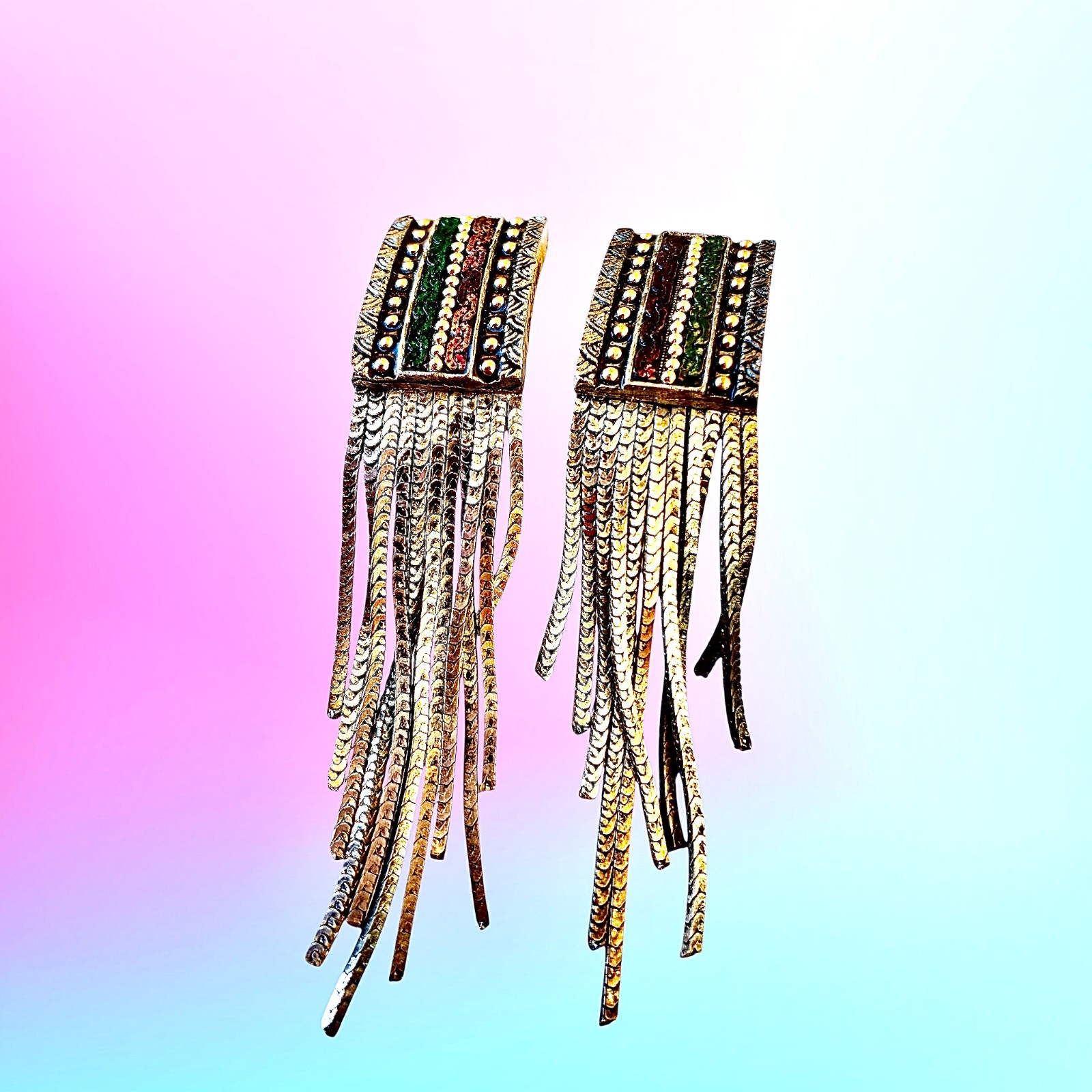 Vintage Turkish Metal Earrings Chain Fringe Dangle Tri-color CLIP-ON