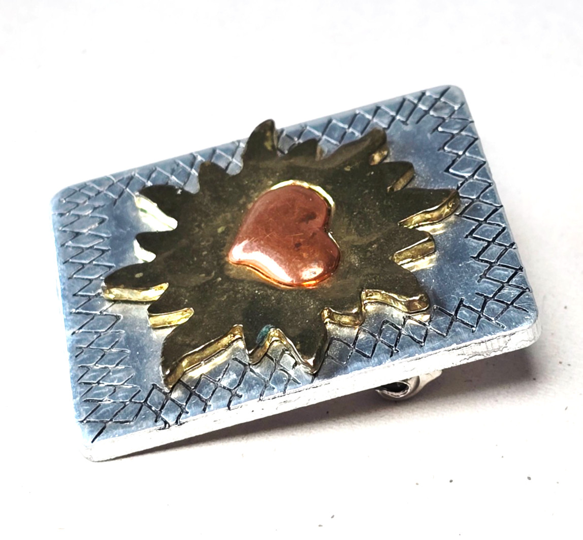 Vintage Handcrafted Sunburst Heart Brooch Mixed Metal Safety Bar Clasp