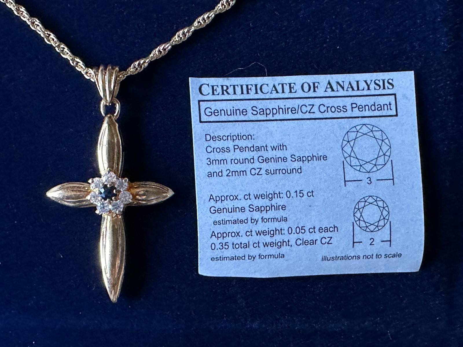 Vintage Gold Plated Cross Necklace Genuine Blue Sapphire CZ Korea Box Cert