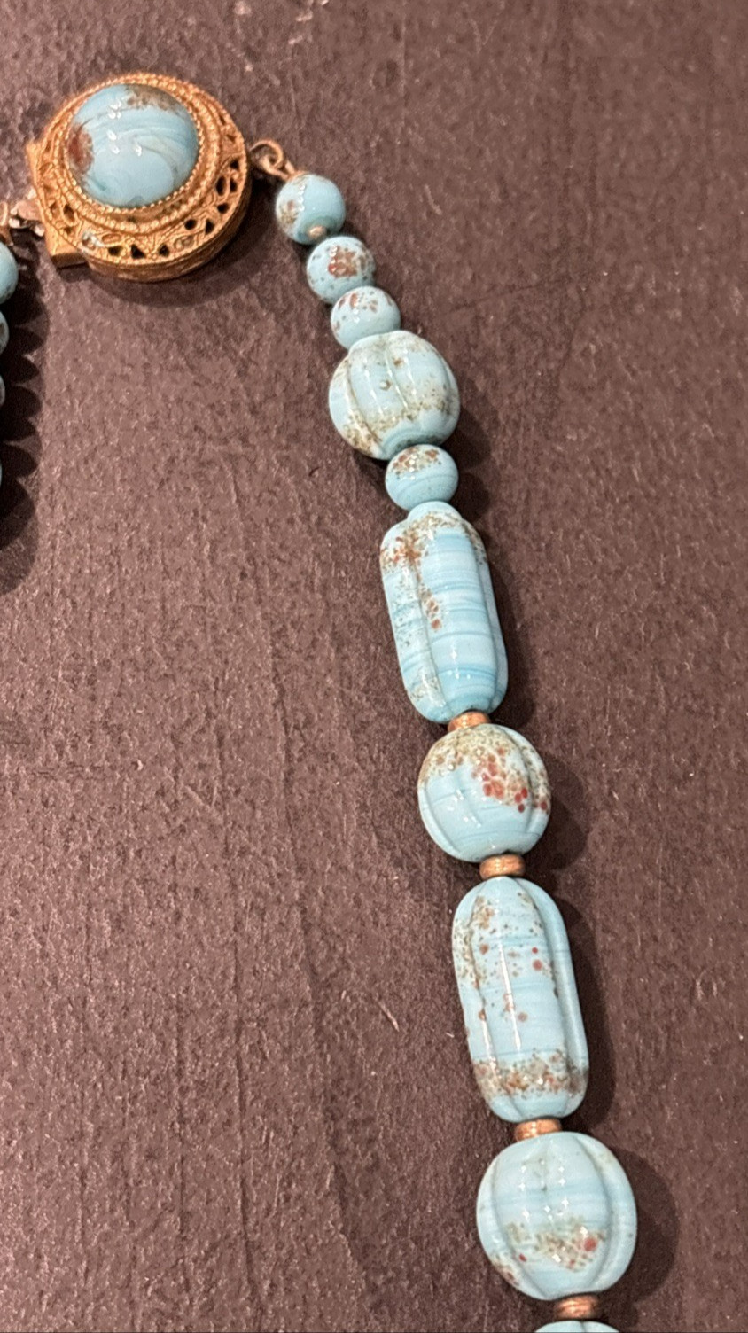 Antique Faux Turquoise Slag Glass Bead Beaded 16 1/2″ Necklace Textured Beads