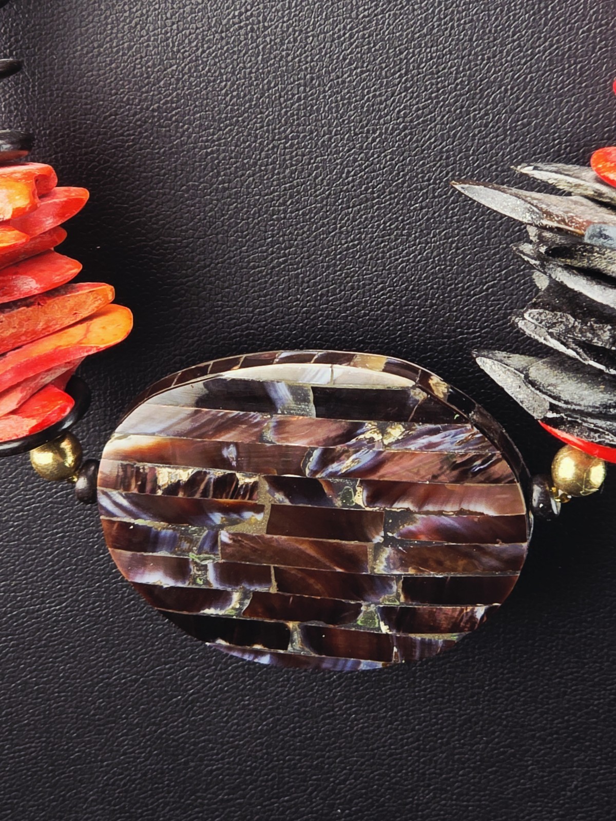 Vintage 25” Boho Coconut Shell Necklace Red & Black Chunky Shell Mosaic Artisan