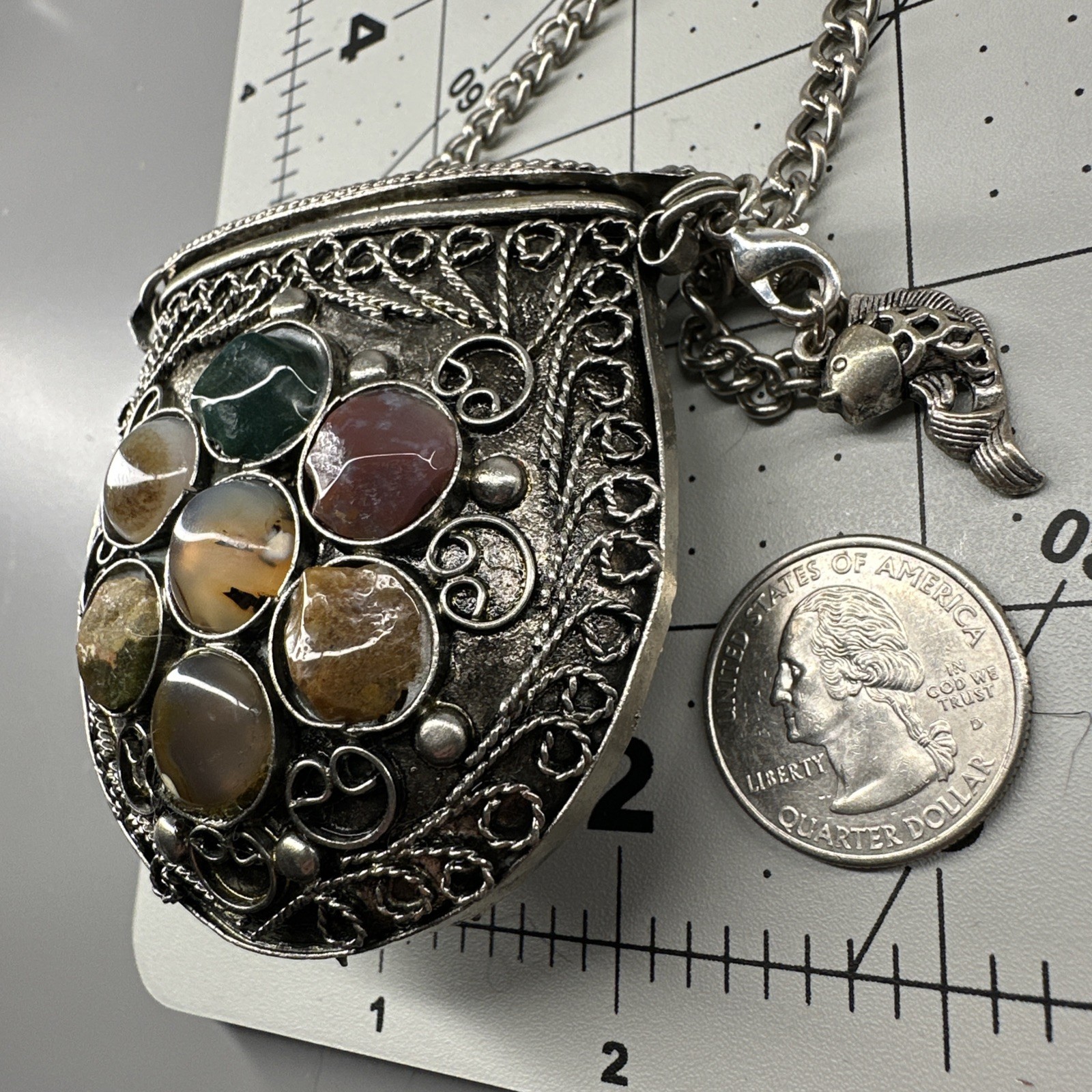 Vintage Small Silver-tone Sajai Metal Purse Necklace Agate Gemstones Tether Lid
