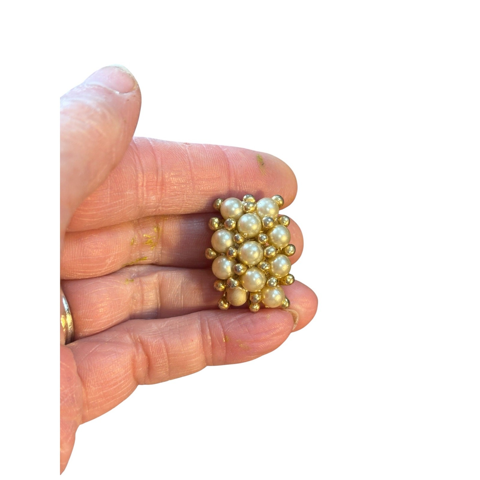 Vintage Faux Pearl Cluster Fur Clip Gold Tone Beaded Statement Mid Century Glam