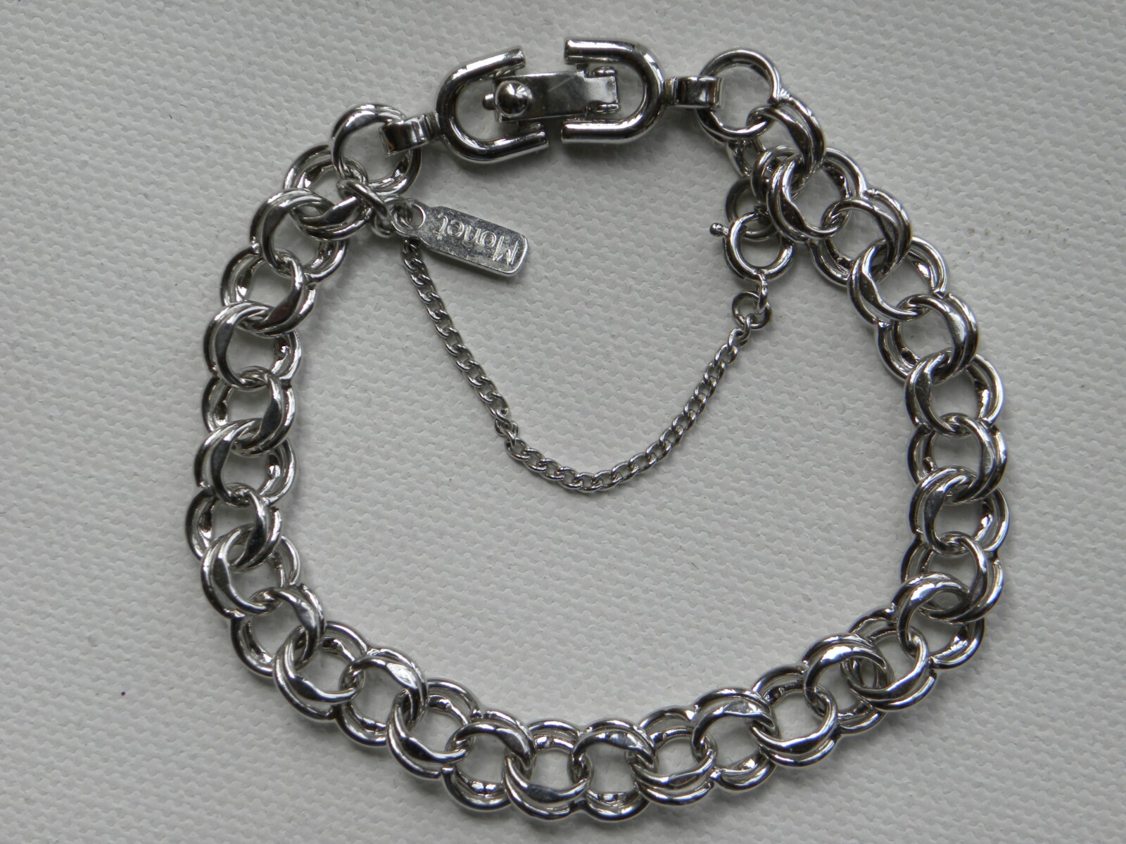 MONET Starter Charm Bracelet Double Link Silver Tone 7 1/8 Inch Safety Chain Vtg