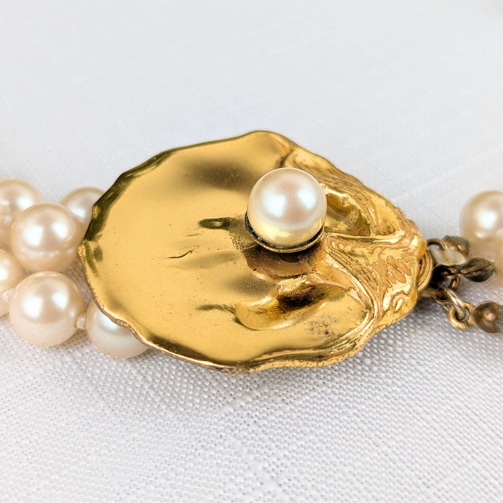 Miriam Haskell Vintage Multi-strand Faux Pearl Oyster Clasp Necklace