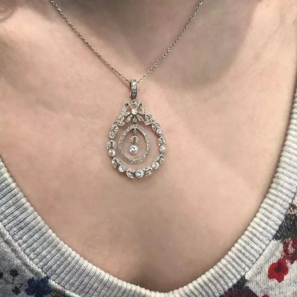 Art Deco Style Lab Created Diamond Engagement Gift 14K White Gold Finish Pendant
