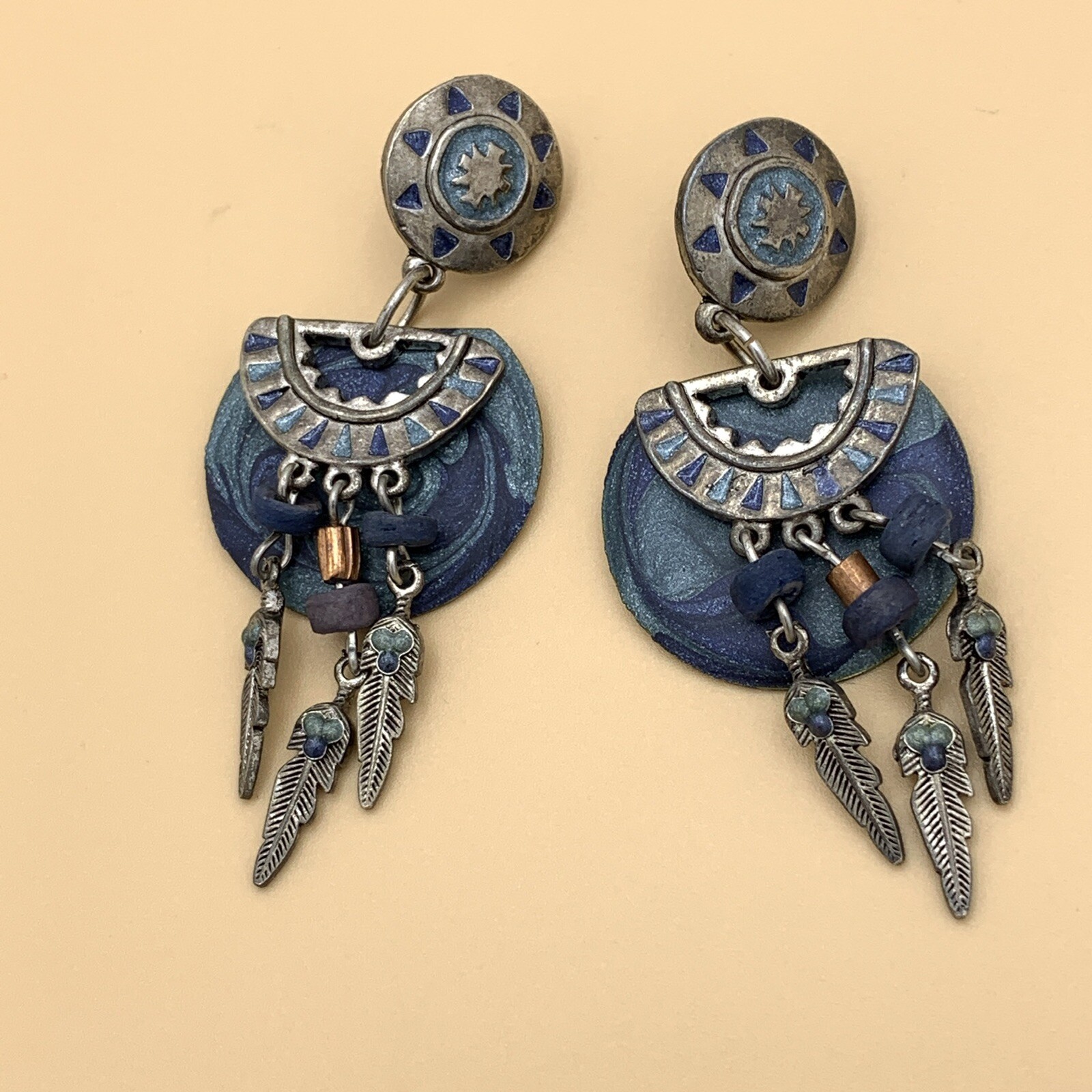 Vintage Edgar Berebi Blue Earrings South Western Theme Dangling Feathers Enamel
