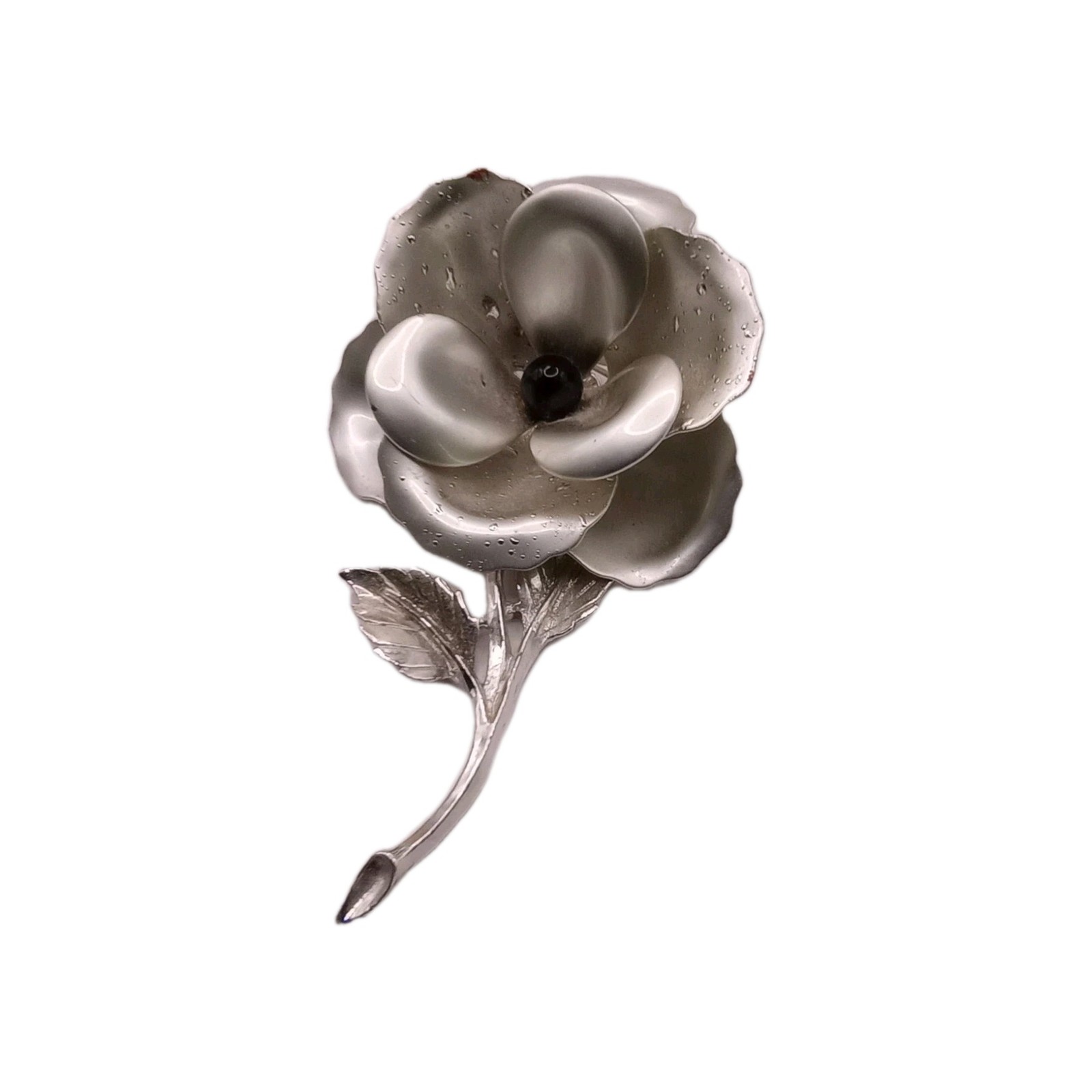 Vintage Lisner Silver Tone Flower Brooch Textured Black Bead Pin 3 1/2 by 2 1/2