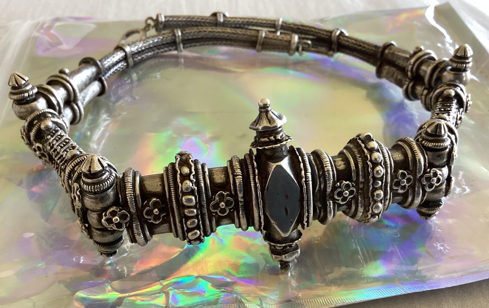 Vintage Heavy Silver Detailed Asian Indian Necklace Toggle Closure 186 Grams