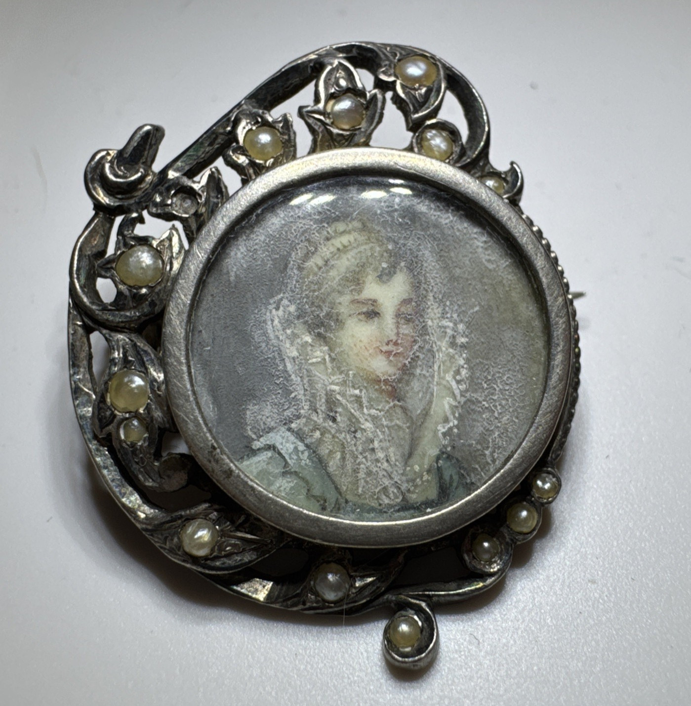 Antique Miniature Hand Painted Lady Rococo Portrait Brooch Seed Pearls READ