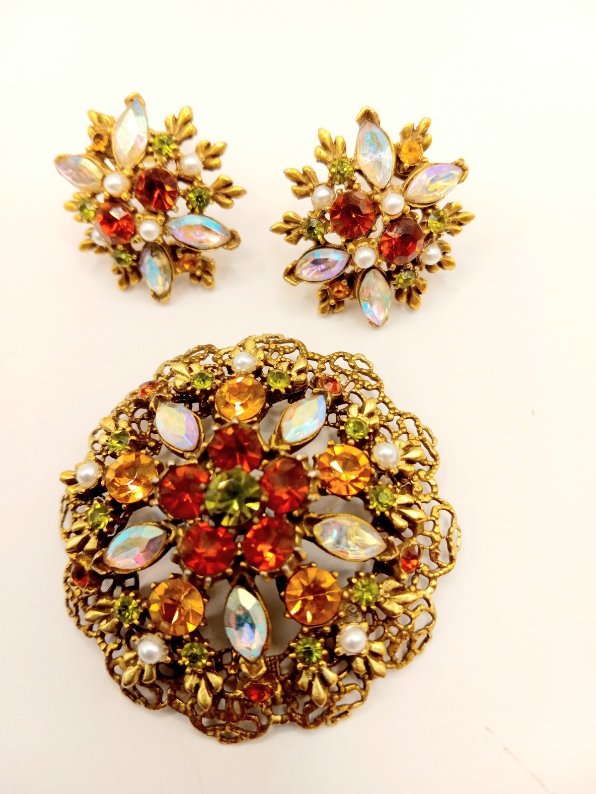 Vintage Rhinestone Brooch & Clip Earrings Autumn Fall Colors AB Accents Goldtone
