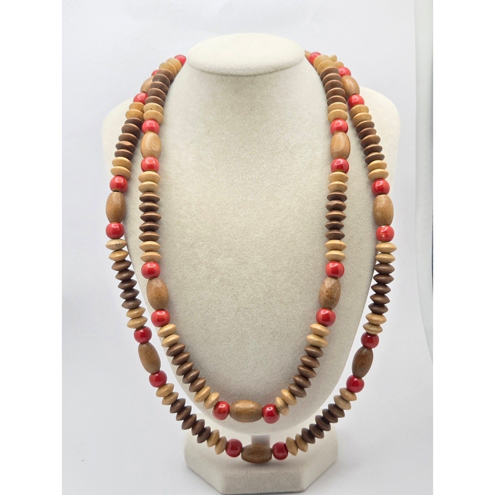 Vintage Multi-Strand Wood & Ceramic Bead Statement Necklace – 20” Boho