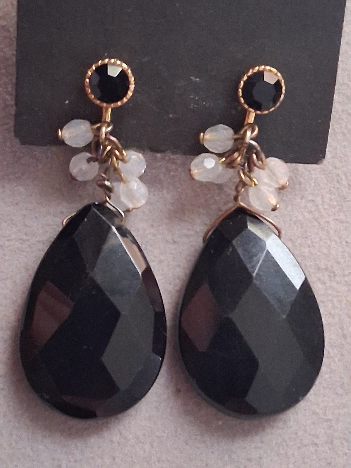 Faceted black glass teardrop stone adjustable clip on earrings w/dangle accents