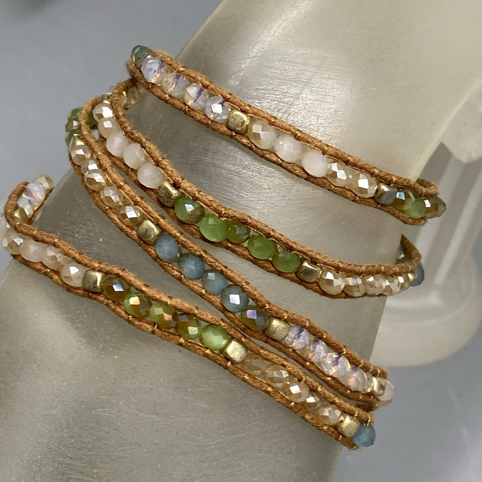 Premier Designs Wrap Brown Cord Bracelet Multicolor Glass Tension Beads Boho