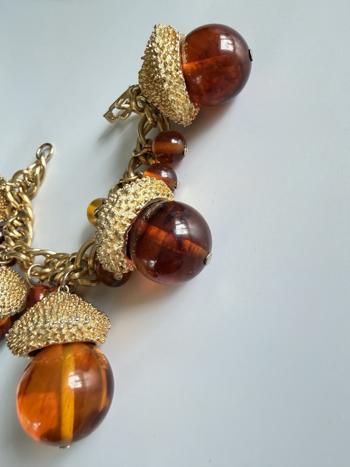 Vintage MCM Chunky Acorn Charm Bracelet Oversized Amber Glass Style Lucite Gold