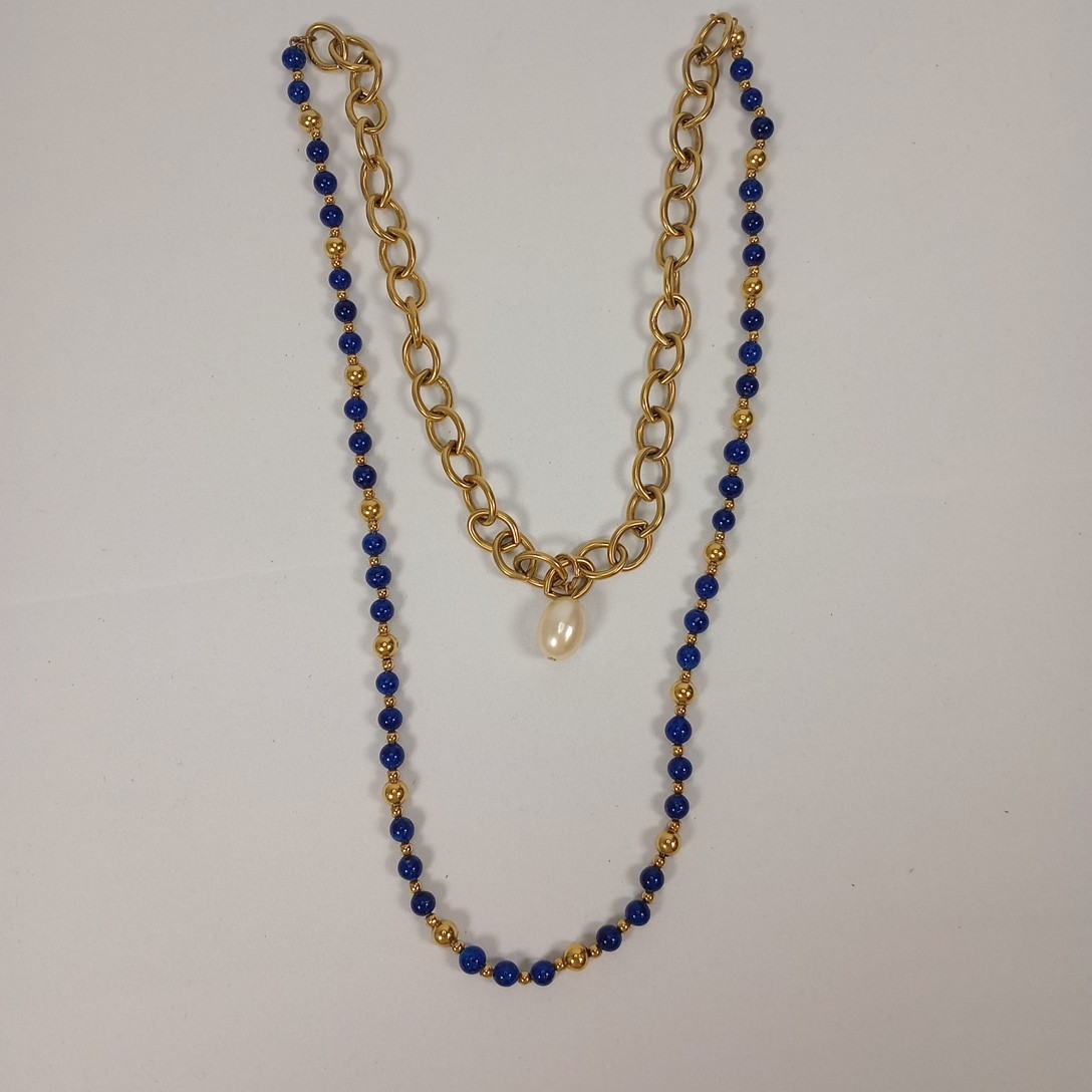 Vintage Convertible Blue Beaded Gold Tone Necklace Faux Pearl Drop 34″
