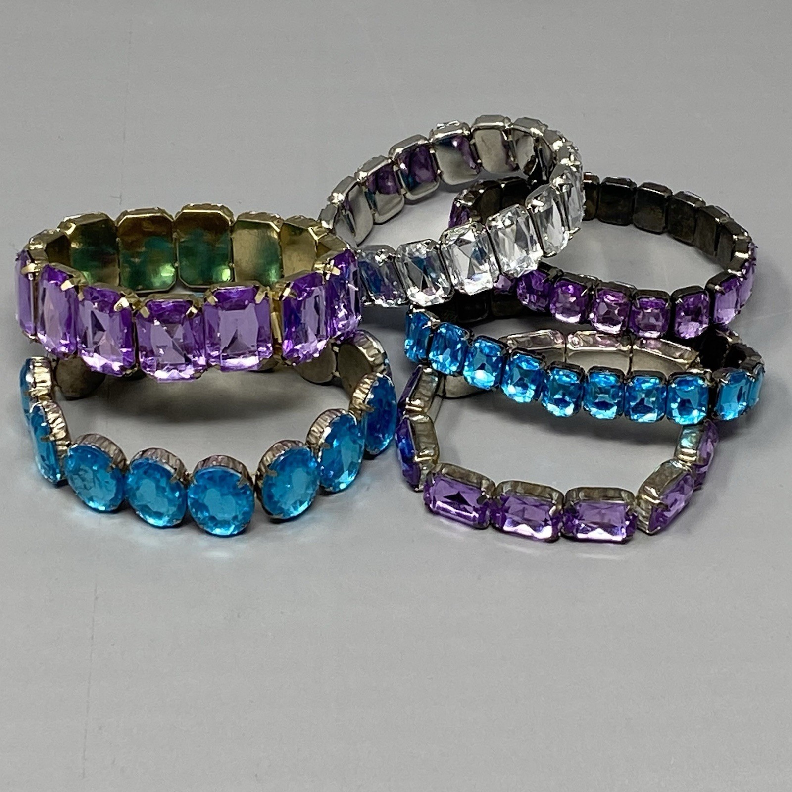 Rhinestone Stretch Bracelet Lot of 6 Blue Purple Clear Acrylic Silver Gold Tone
