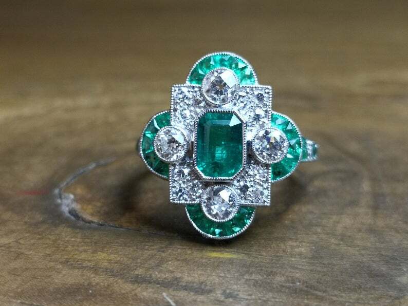French Art Deco Style Vivid Green Emerald With Shiny White CZ 2.78TCW Fine Ring