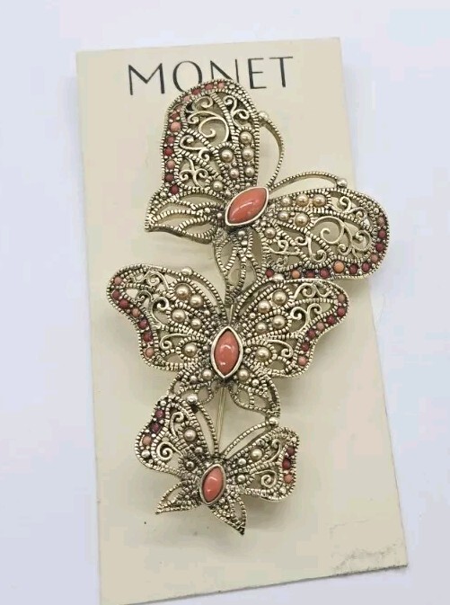 Monet Brooch Three Huge Butterflies Faux Coral Gold Tone 3.5 in Signed Vintage