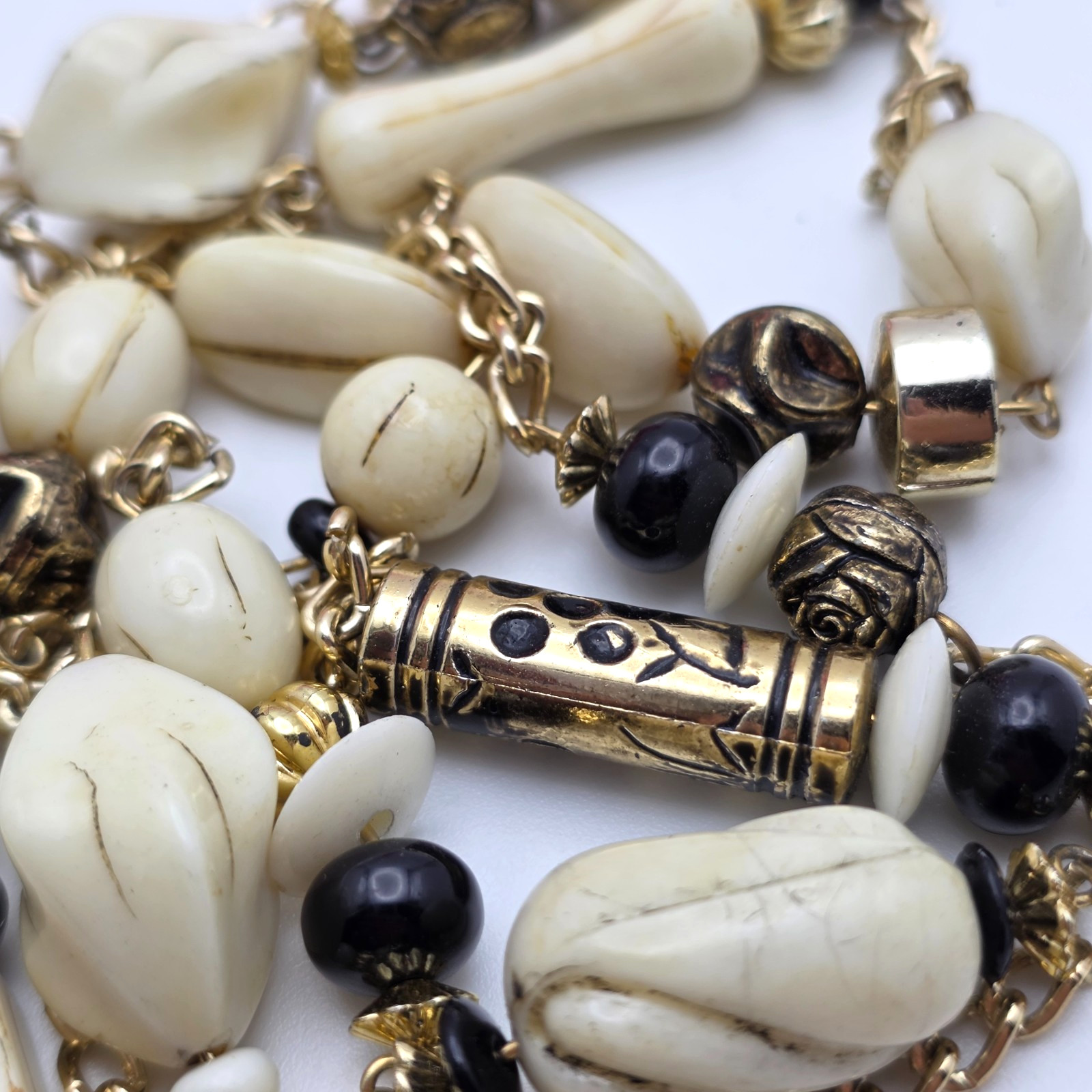 Vintage Lucite Beaded Necklace Cream Black Gold Tone 34 in Long Lightweight