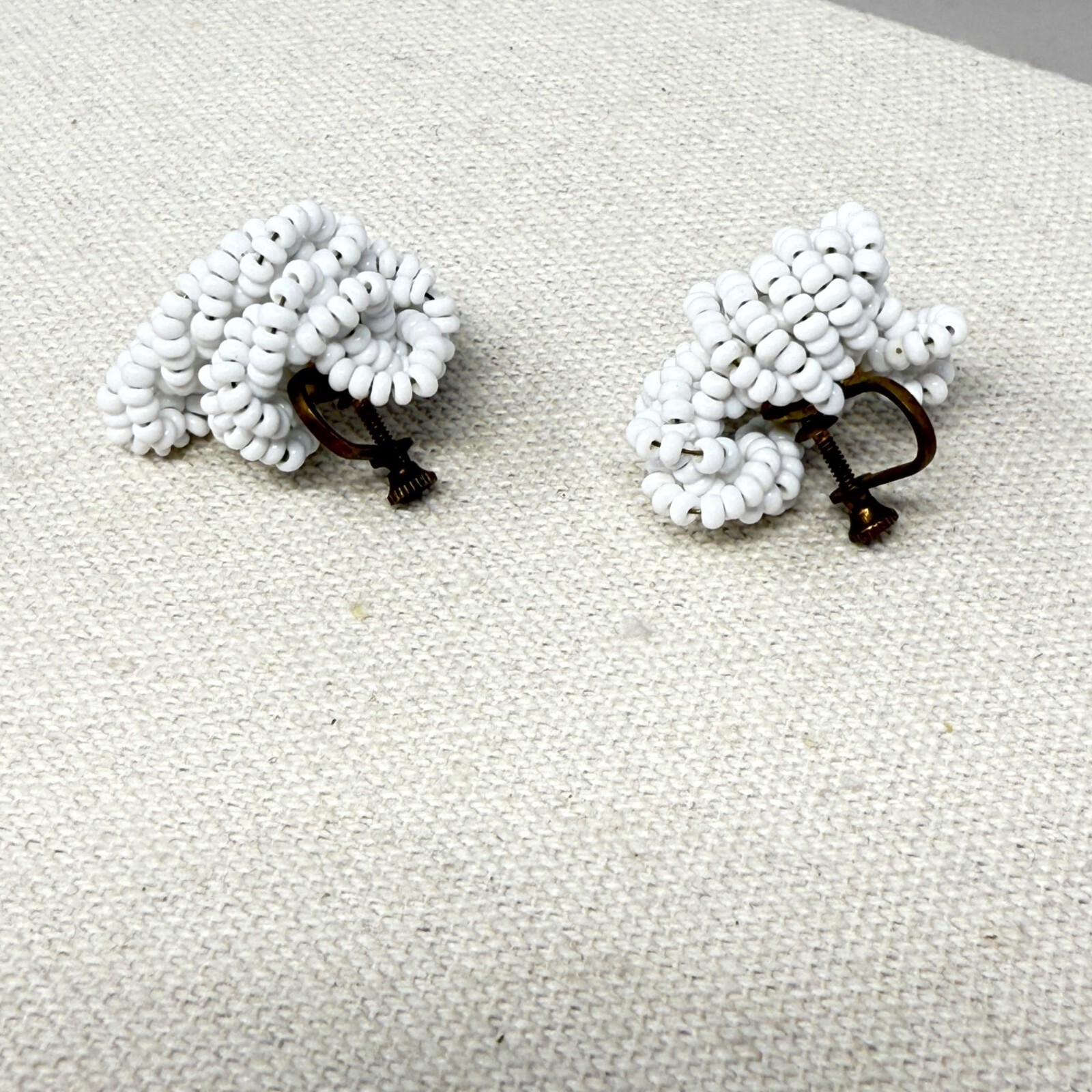 White Seed Bead Knot Earrings Vintage Screw Back Classic Retro