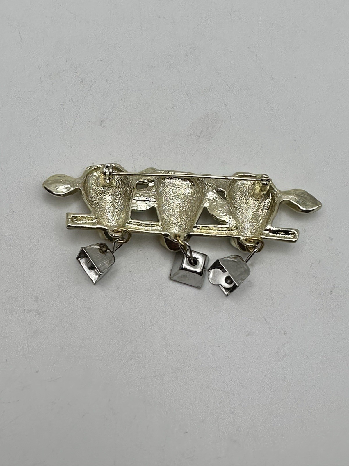 Vintage Gold Tone 3 Cow Brooch Pin with Dangling Silver Tone Bells Signed AJC