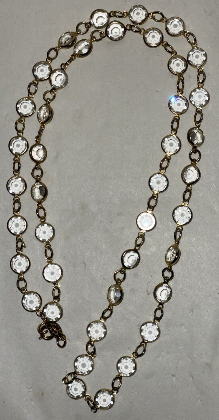 Vintage Signed Rafaelian Austrian Crystal Bezel Gold Tone Chain Necklace USA