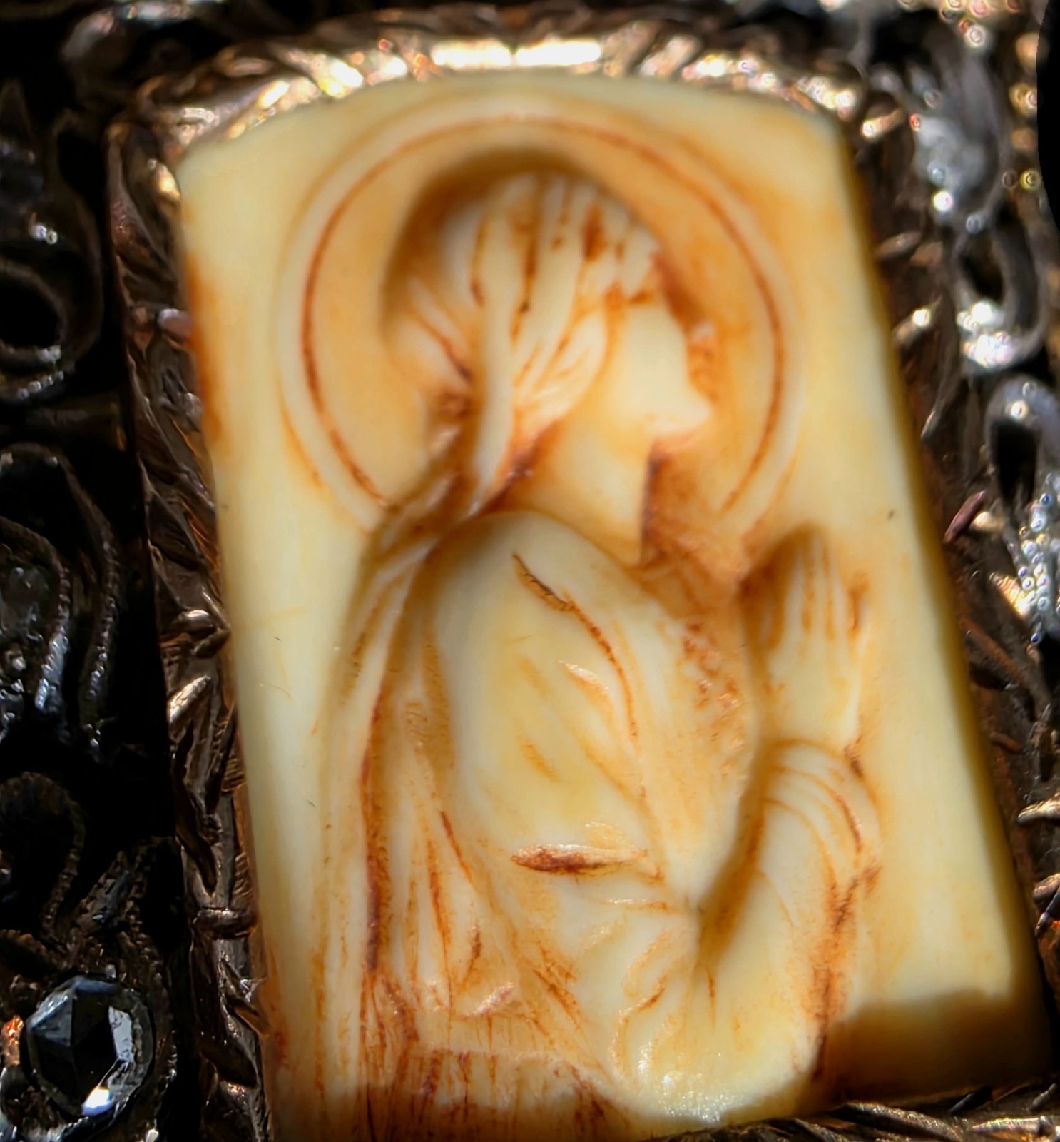 Fine Antique Art Nouveau 18K Gold Silver Diamonds Virgin Mary Pendant Ca 1900