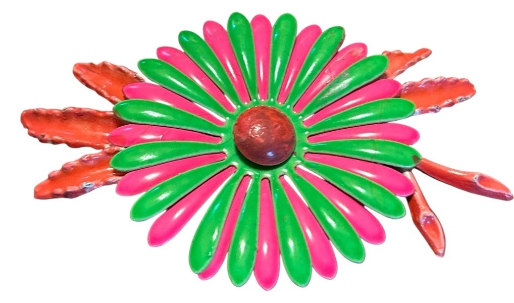 Vintage 1960s Brooch Pin Flower Enamel Lime Green Hot Pink