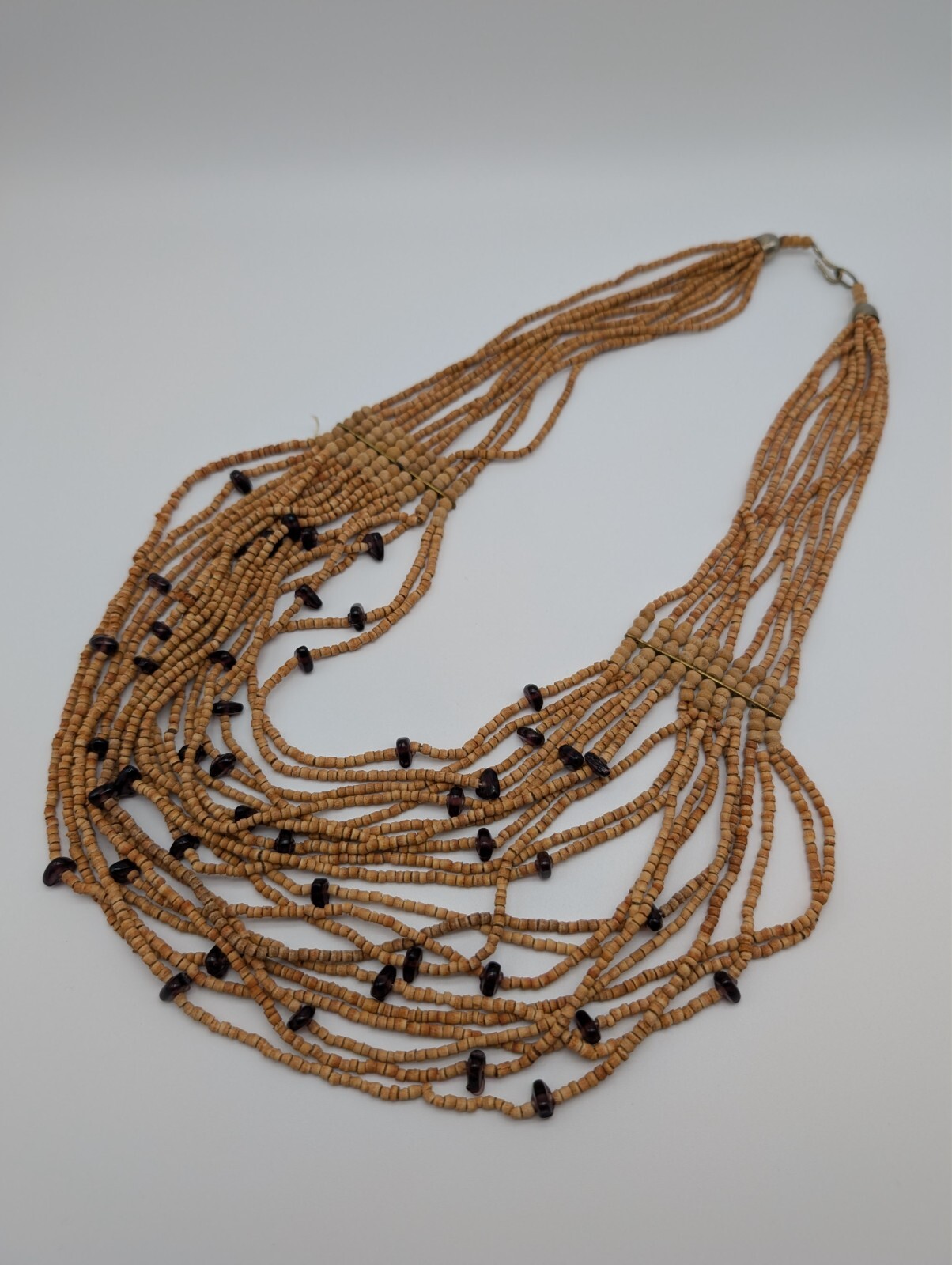 Vintage Boho Multi Strand Wooden Cork Purple Glass Beaded Statement Necklace