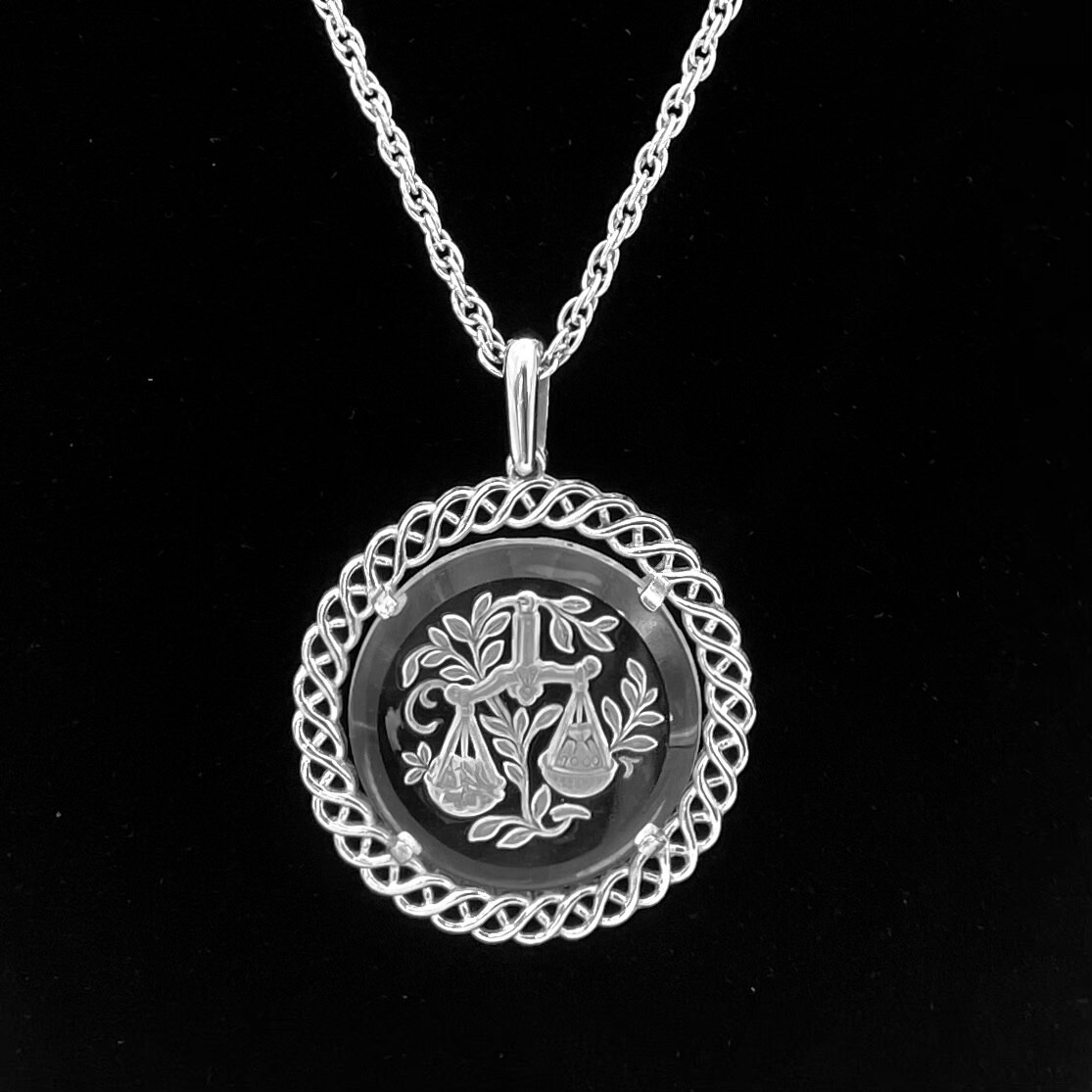 Crown Trifari Pendant Necklace Scales of Justice Reverse Etching Glass 22 Inches