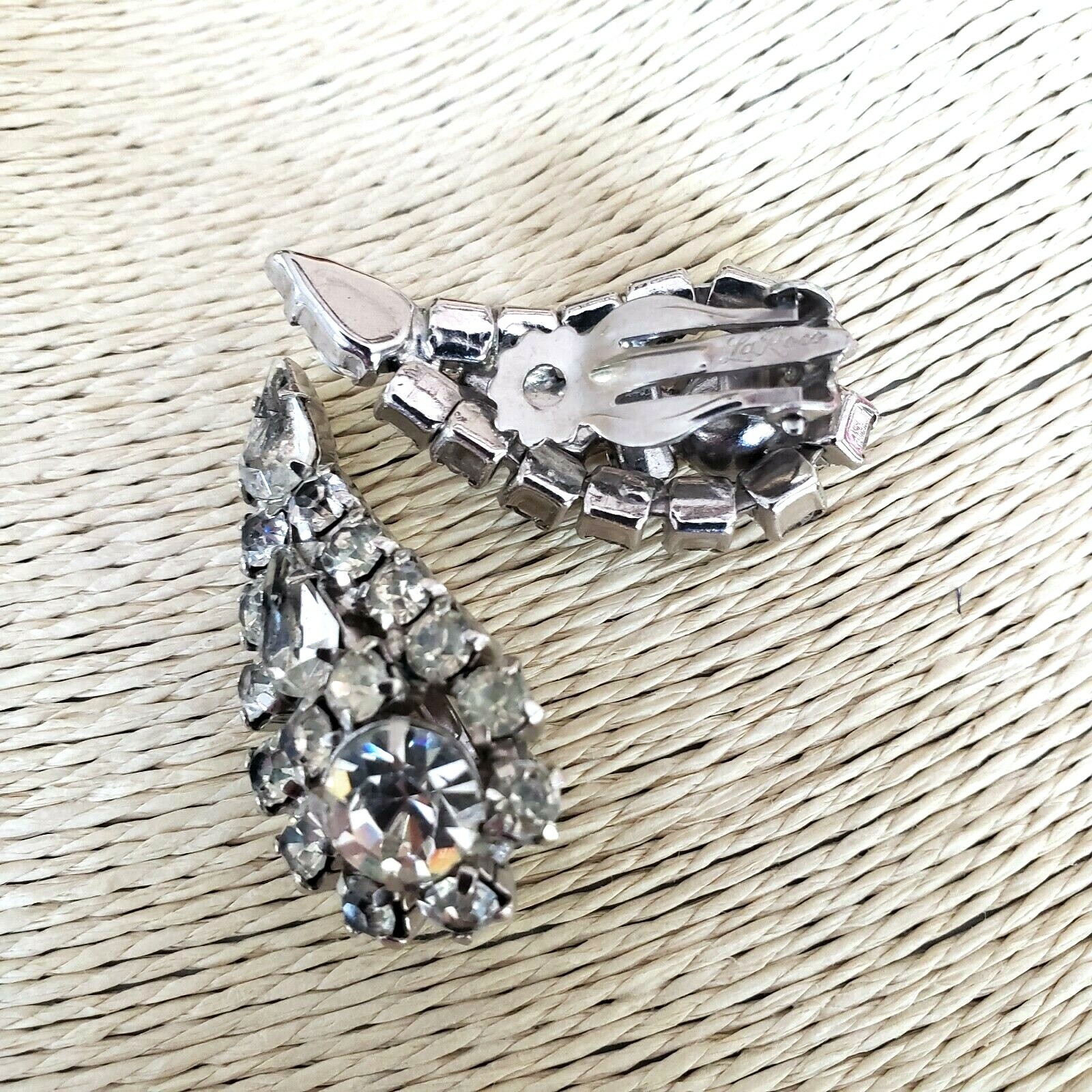 La Roco LaRoco Clear Rhinestone Clip Icy Earrings Paisley Teardrop Signed VTG