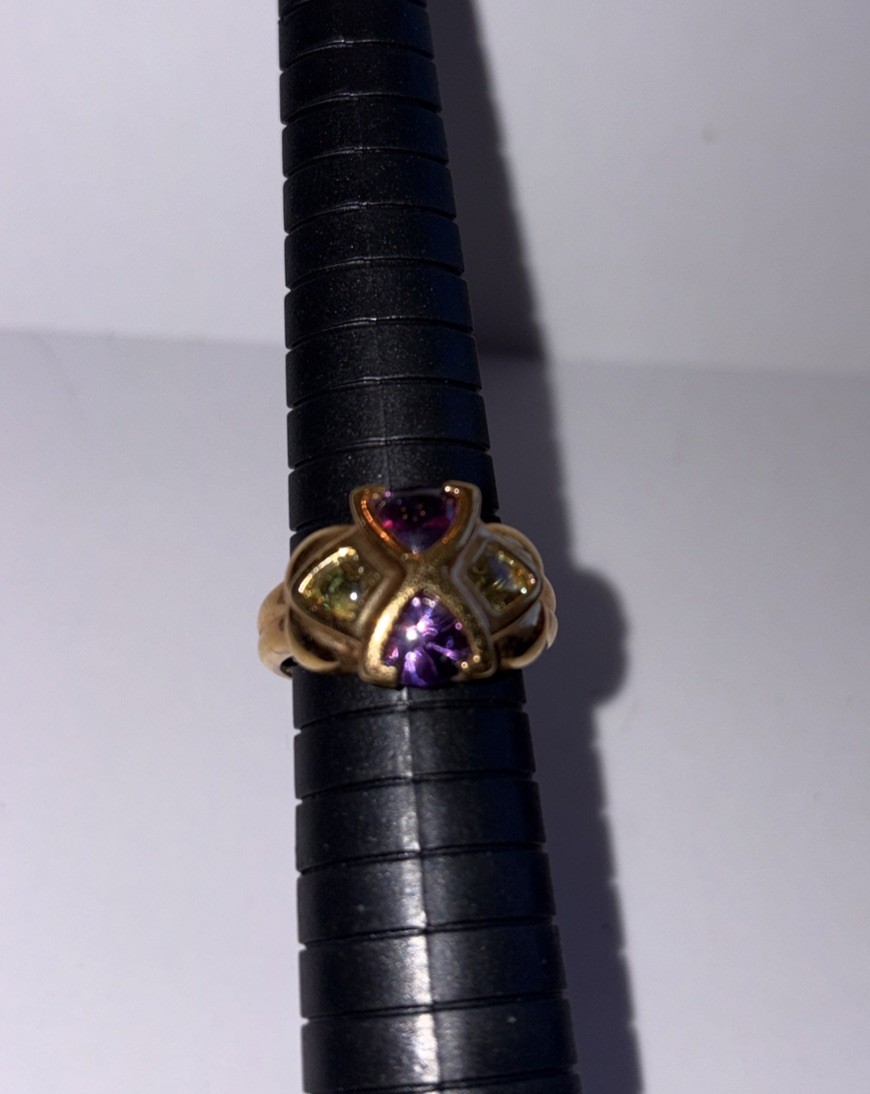 Purple Amethyst & Green Stone Ring Gold Plated Sterling Silver 925 Size 7