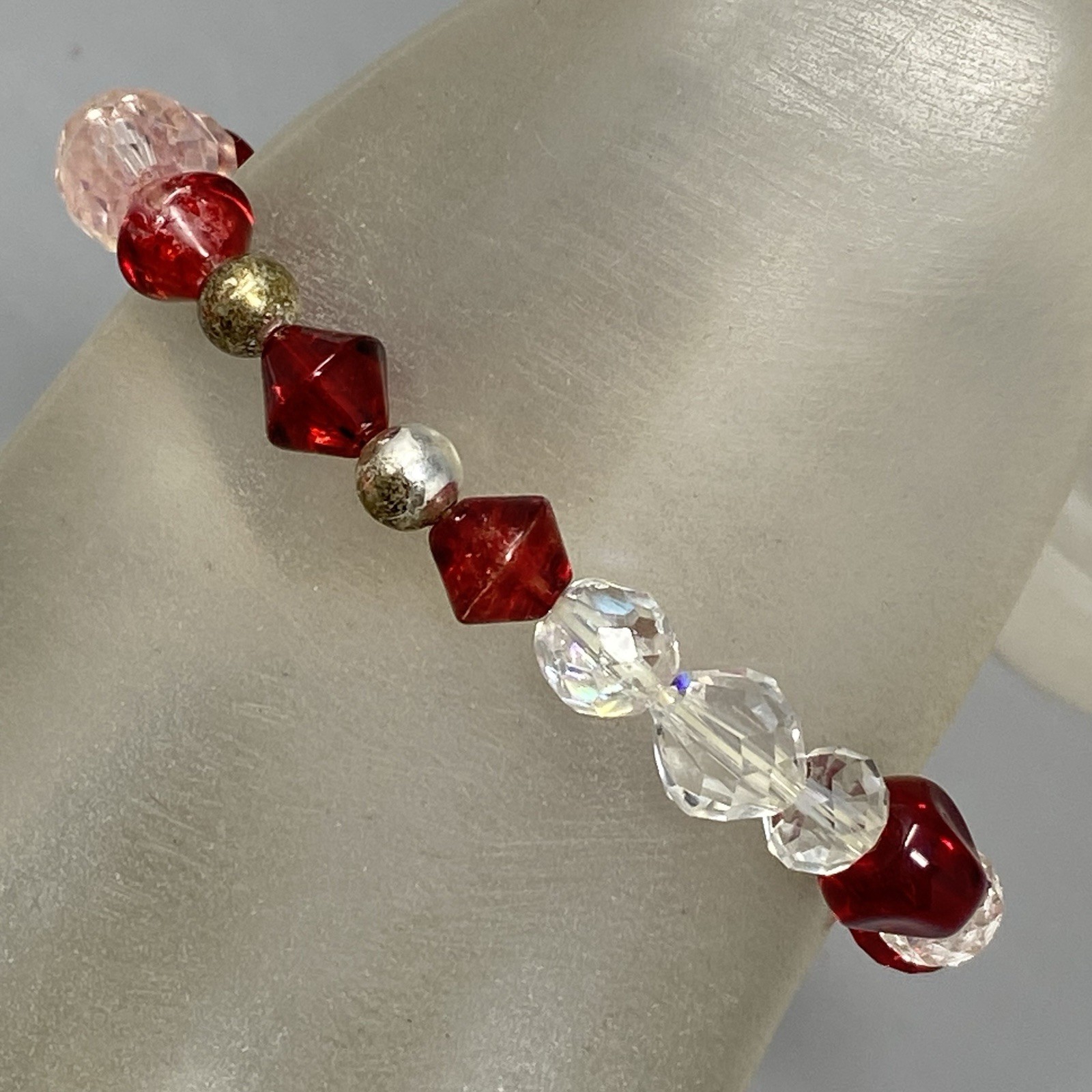 Glass Bead Bracelet Red Clear Pink Fire AB Coated Iridescent Bicone Stretch 7″
