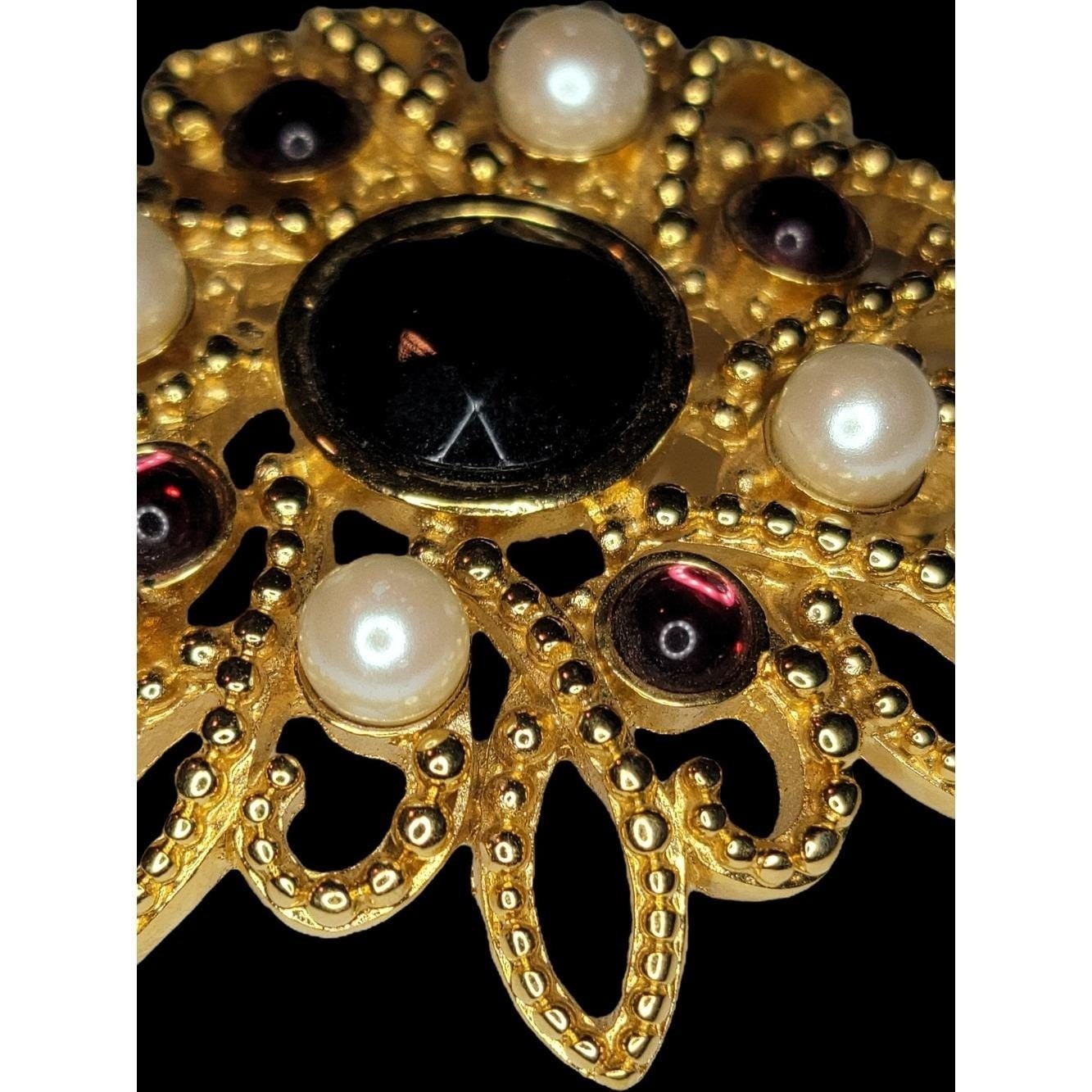 Vintage Monet Gold Tone Faux Pearl Black Cabochon Brooch Ornate Filigree