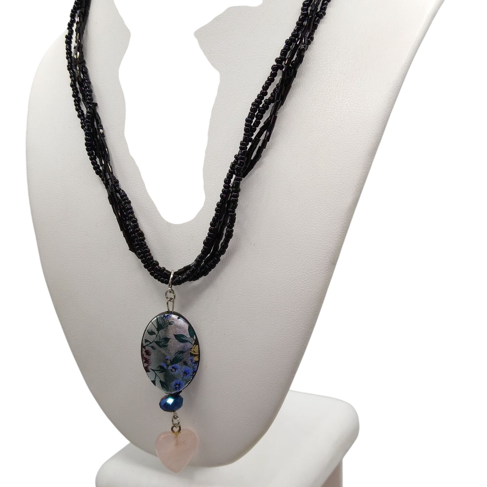 Vintage Hand Beaded Hearts and Flowers Drop Pendant on Multi Strand Black