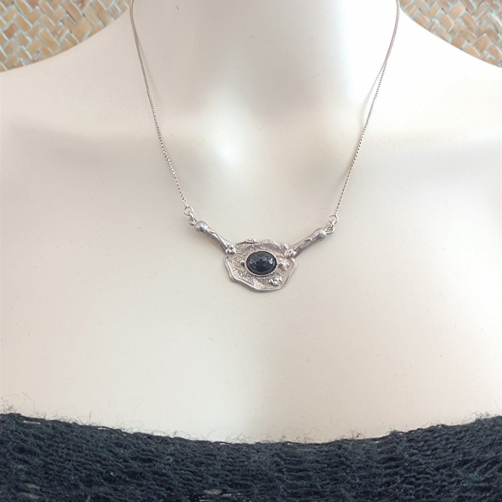 Modernist Silver Onyx Necklace Artisan Freeform Bib Brutalist Israel Art Vintage