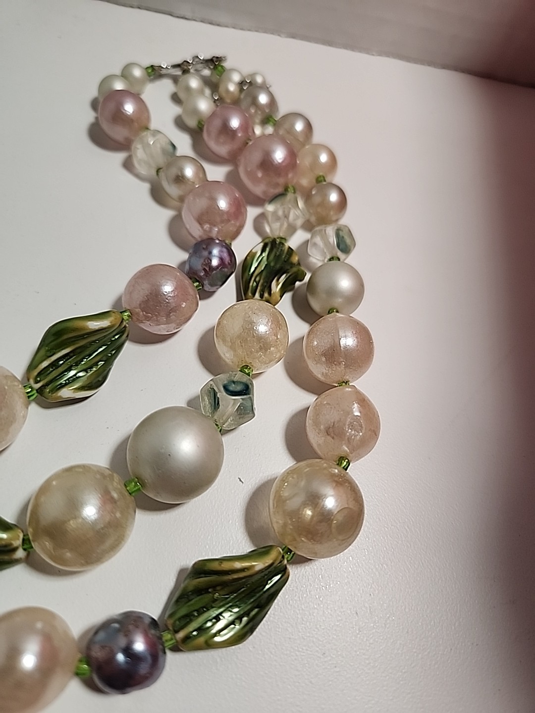 Vintage Pastel Multi Color Green Leaf Accent 3 Strand Large Beads Necklace