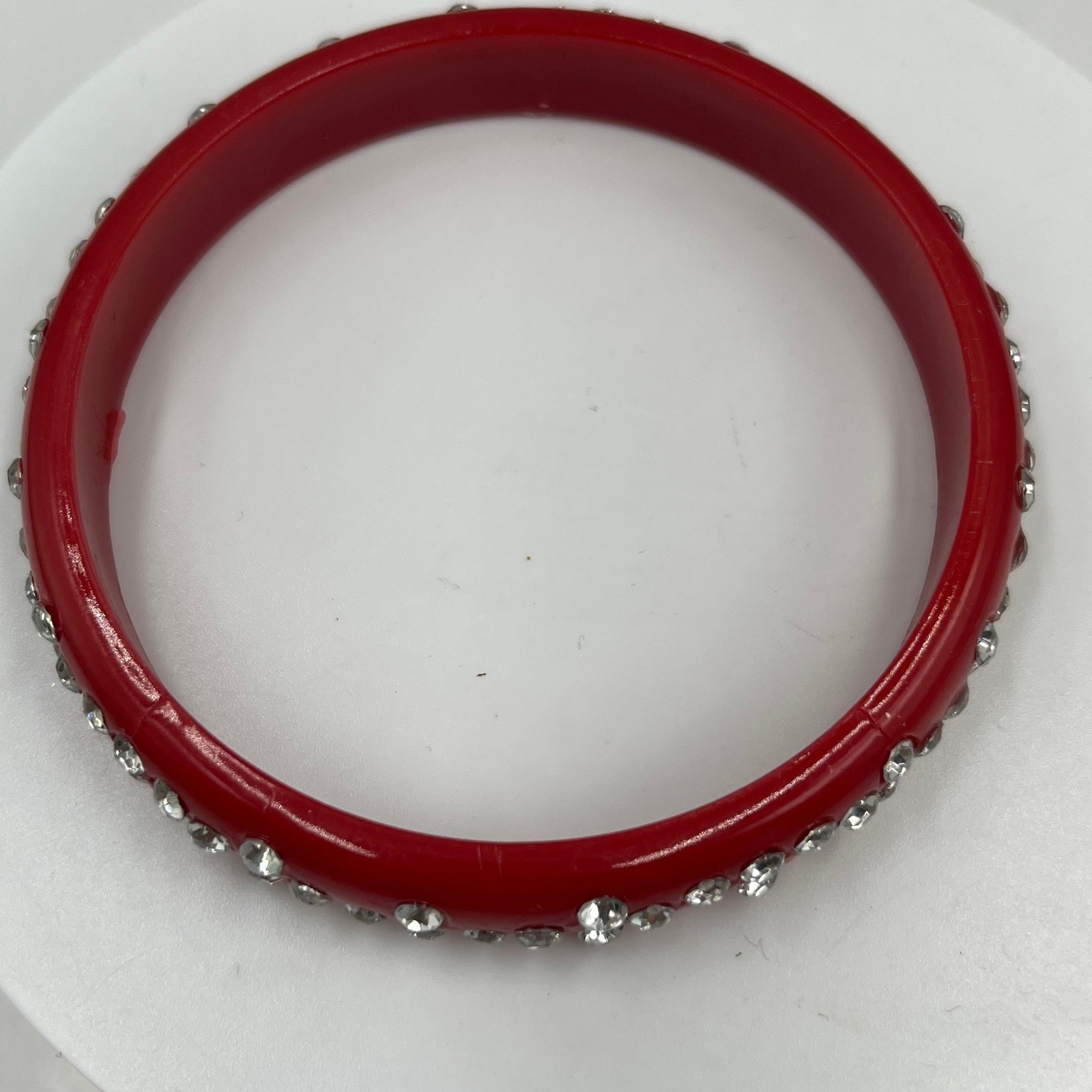 Vintage Red Lucite Style Rhinestone Bangle Bracelet Curved Accent Statement