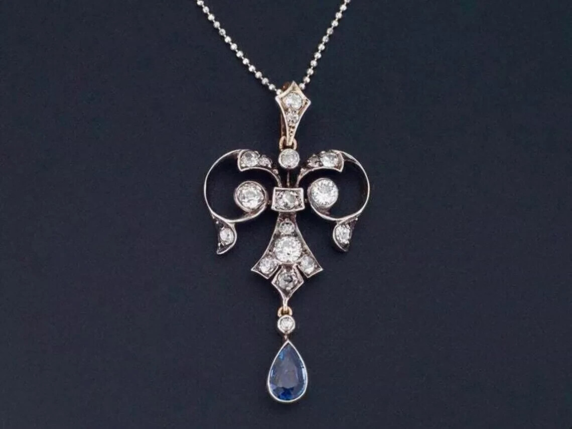 Art Deco Style Sapphire Lab Created Diamond Wedding 14k White Gold FN Pendant