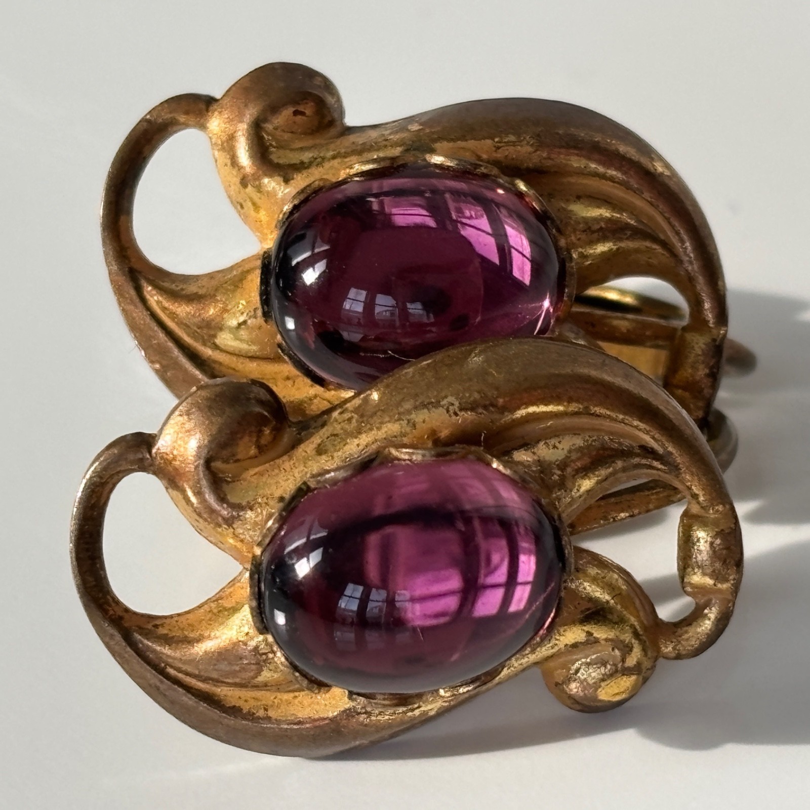 Vintage Miriam Haskell Earrings Signed Purple Pink Gripoix Glass Cabochon