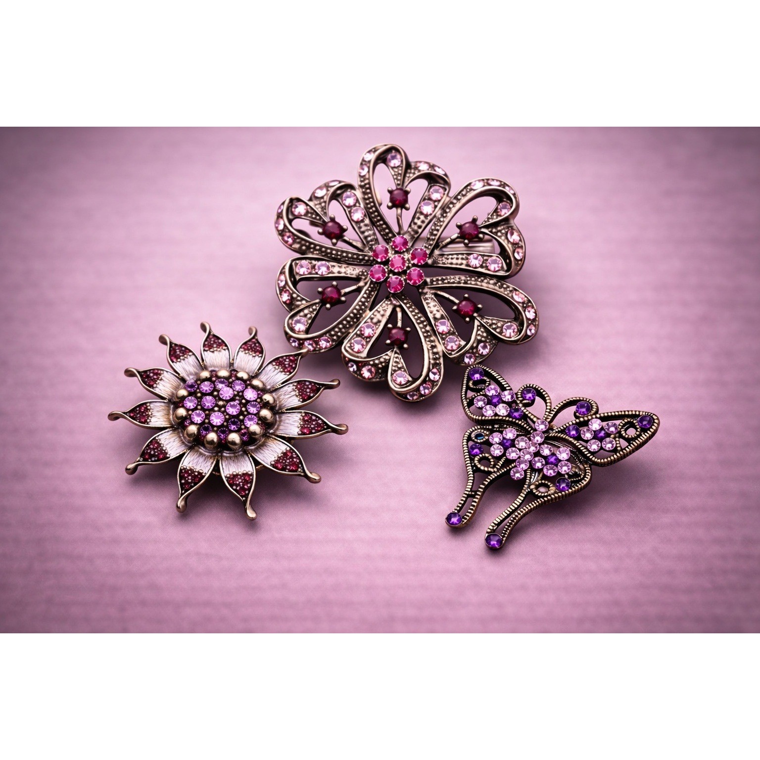 Rhinestone Floral Butterfly Brooch Pin Set 3pc Purple Pink Gunmetal Whimsigoth