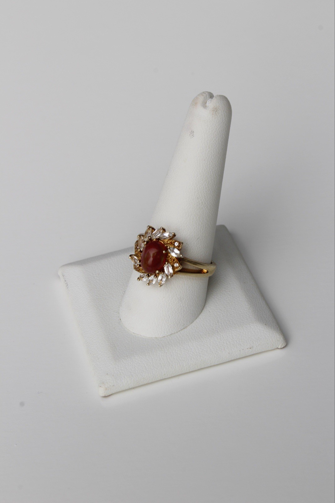 Antique Opalescent Amber Cabochon & Spinel Ring, 2 Carats 9K Gold