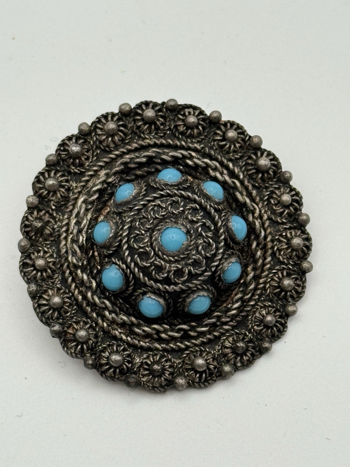 Antique Cannetille 900 Silver & Turquoise Etruscan Design Brooch/Pin *read*