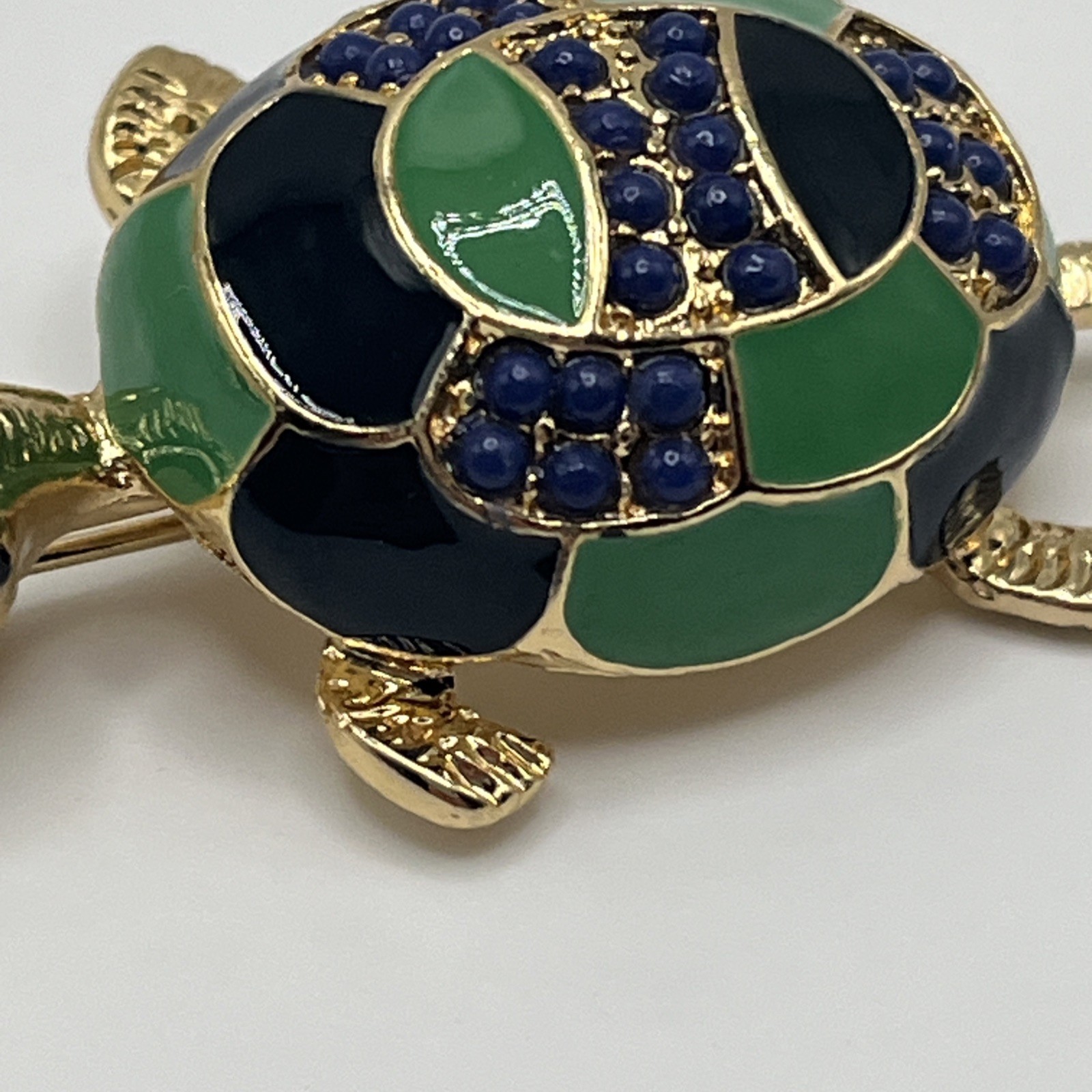 Vintage Enamel Turtle Brooch Gold Tone Green Blue Statement Piece Pin